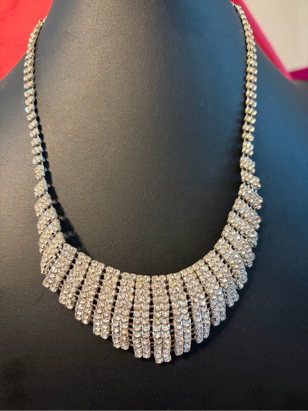 Vintage Crystal Fringe Statement Necklace - Silver Tone